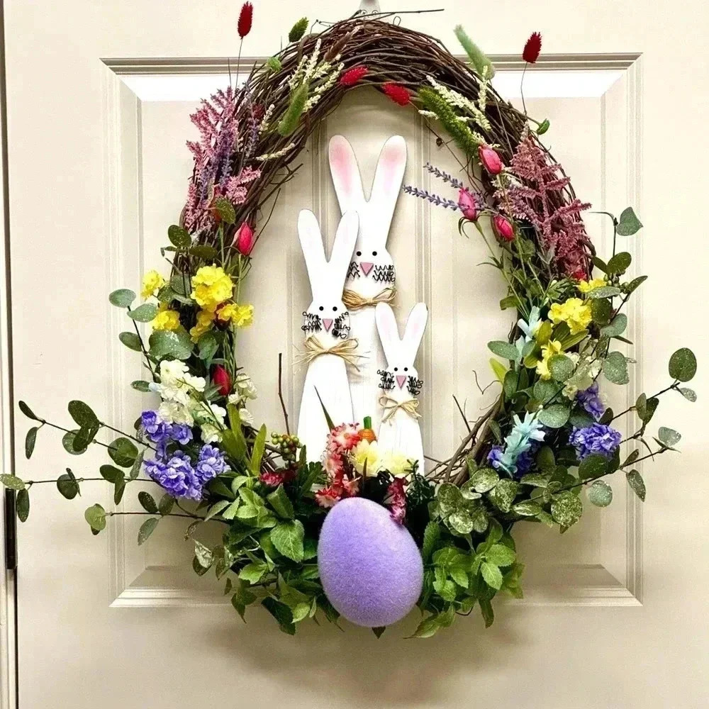 Grapevine Oval wreath with Easter Bunny Family
